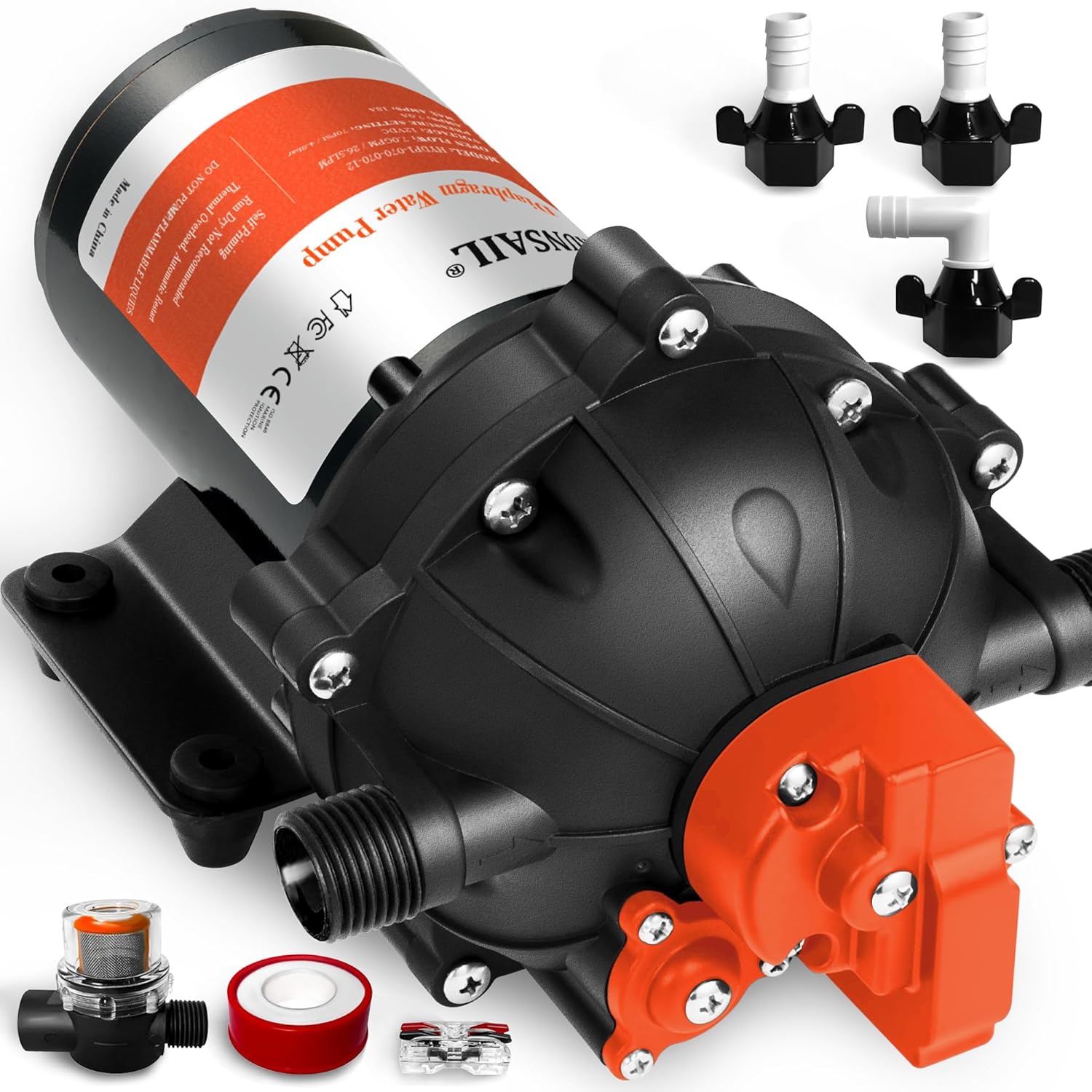 [Upgraded Version] DC 12V Self-Priming Diaphragm Water Pump, 40-80 PSI Continuously Adjustable, 7.0 GPM Water Flow, RV Freshwater Pump with Auto Pressure Switch shown on a plain background