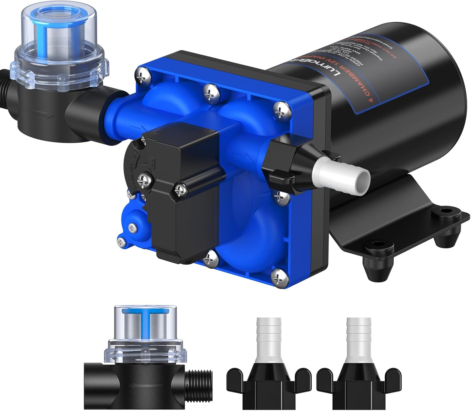 Caravan Water Pump 12V 6.0GPM 70PSI RV Diaphragm Water Pump Self-Priming with Heavy Duty Pressure Switch and Strainer for RV, Marine, Yacht, Caravan shown on a plain background