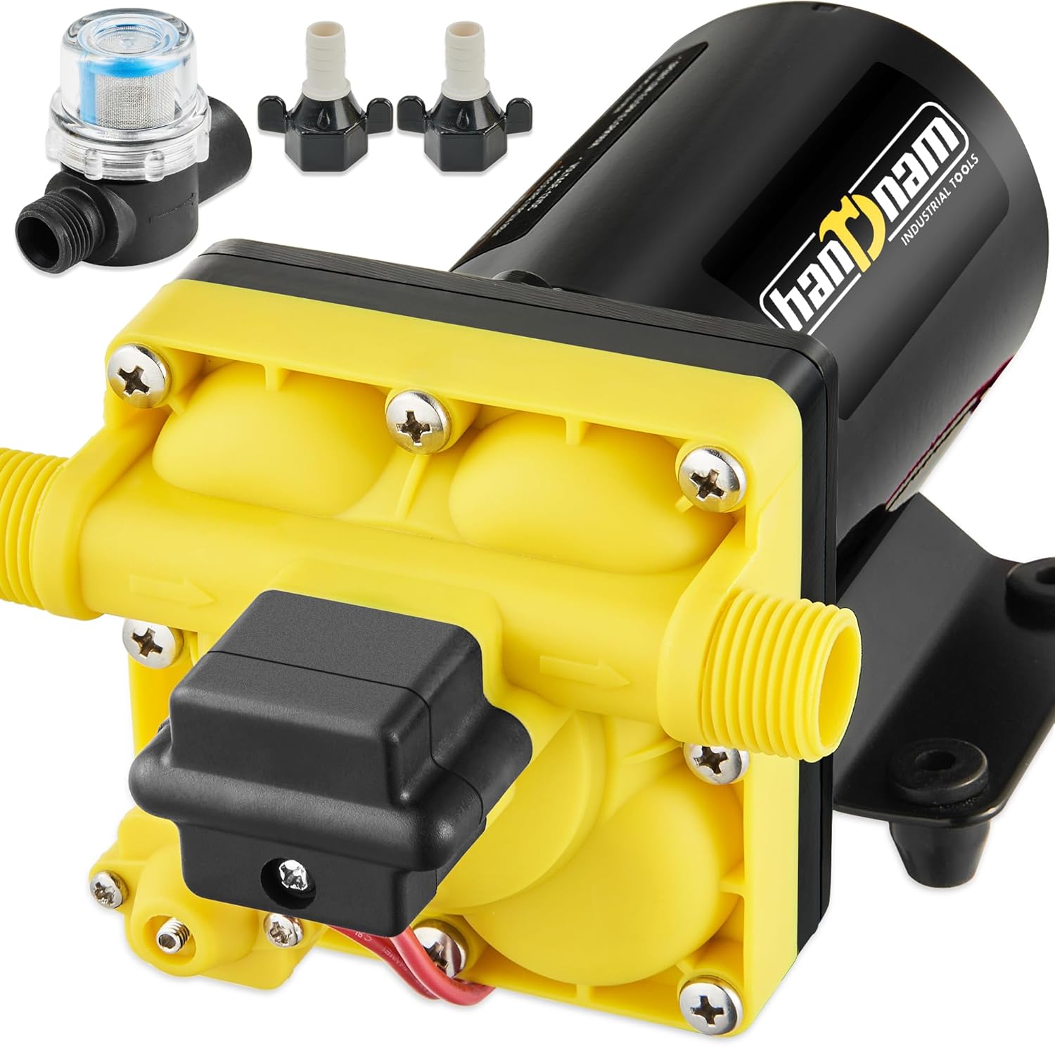 [2025 Upgraded] RV Fresh Water Pump, 12V DC Water Pump, 6GPM 70PSI Self-Priming Diaphragm Pump with Pressure Switch and Strainer for RV, Marine, Yacht, Caravan shown on a plain background