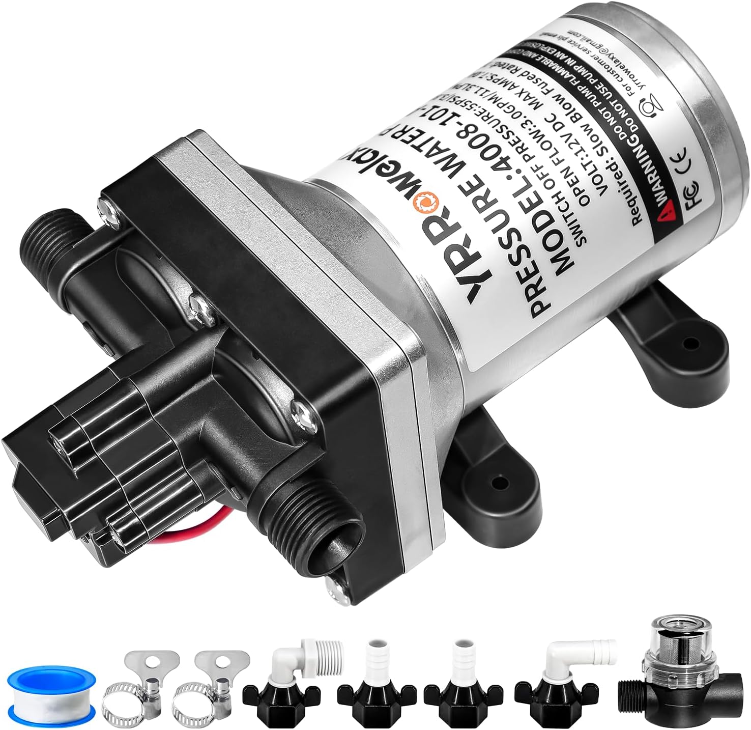 RV Water Pump 4008-101-A65/E65 | 12V 3.0GPM 55PSI | Self-Priming Quiet Diaphragm Pump | Thermal & Dry Run Protection | for RV, Marine, Camping, Yacht (Includes Strainer + Quick Fittings) shown on a plain background