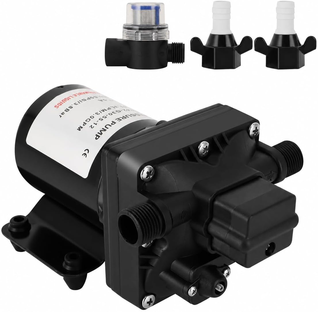 Tbest 12V DC Self Priming Diaphragm Water Pump, 3.0 GPM 55 PSI Automatic Pressure Switch, with Strainer for RV Caravan Marine Campervan shown on a plain background